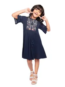 Tiny Kingdom Girls Embroidered Round Neck Schiffli Cotton A-Line Dress