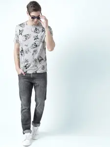 Huetrap Men Grey Melange Printed Round Neck T-shirt