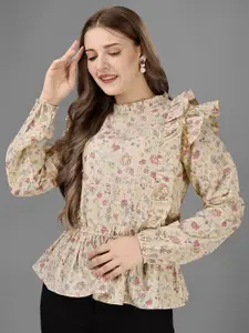 Fbella Floral Printed Regular Sleeves With Ruffles Cinched Waist Top