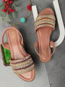 Anouk Peach-Coloured And Gold-Toned Embellished Lightweight Open Toe Flats