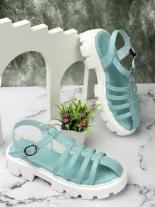 DressBerry Blue & White Lightweight Flatform Gladiators With Backstrap