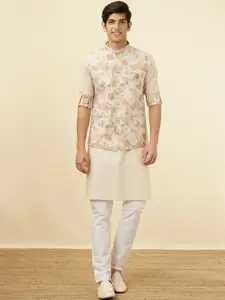 Manyavar Mandarin Collar Straight Kurta & Pyjamas With Floral Printed Nehru Jacket