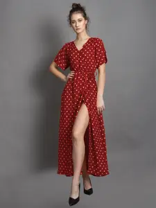 BAESD Polka Dots Printed Slit Sleeves Tie Up Wrap Dress