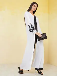 Styli Floral Embroidered Puff Sleeves Longline Open Front Shrug