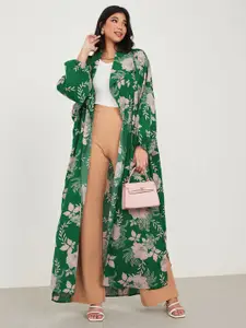 Styli Floral Printed Longline Oversized Puff Sleeves Open Front Shrug
