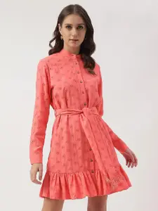 Marks & Spencer Floral Embroidered Mandarin Collar A-Line Dress With Belt