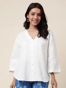 Fabindia Self Design Collarless Drop Shoulder Sleeves Cotton Casual Shirt