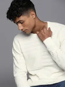 WROGN Pure Cotton Self Design Slim Fit Cable Knit Pullover Sweaters