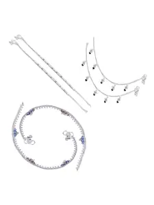 RUHI COLLECTION Set of 3 Silver-Plated Artificial Beaded Anklets