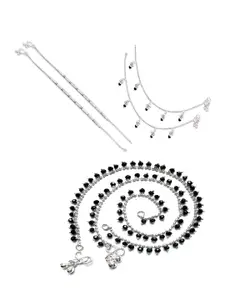 RUHI COLLECTION Set Of 3 Silver-Plated & Beaded Anklets