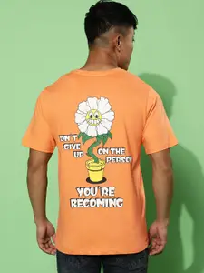 VEIRDO Orange Graphic Printed Cotton T-shirt