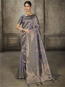 Satrani Grey & Pink Ethnic Motifs Woven Design Zari Art Silk Jamdani Saree