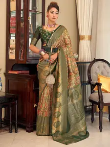 Satrani Brown & Green Woven Design Zari Art Silk Paithani Saree