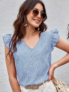 Kotty Blue Floral Printed Flutter Sleeve Top
