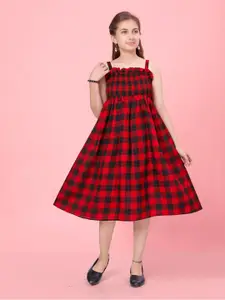Aarika Girls Checked Smocked Detailed Cotton Fit & Flare Midi Dress