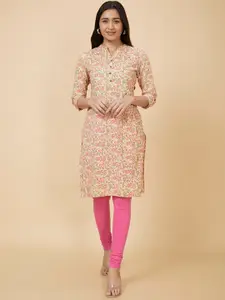 Globus Yellow Floral Printed Band Collar Pure Cotton Kurta