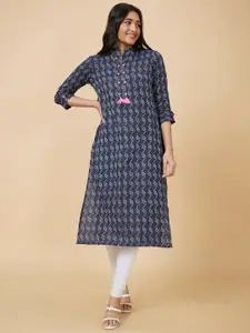 Globus Blue Woven Design Band Collar Thread Work Pure Cotton Kurta