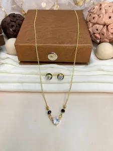 ABDESIGNS Gold-Plated American Diamond-Studded & Beaded Mangalsutra With Earrings