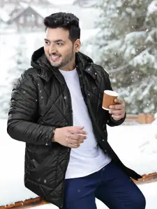 Sztori Plus Size Men Solid Longline Hooded Padded Jacket