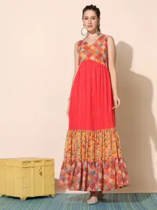 FASHION DREAM Floral Printed V-neck Tiered Fit & Flare Maxi Dress