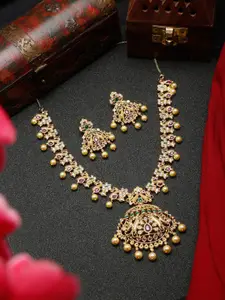 YouBella Gold-Plated Stone-Studded & Beaded Necklace & Earrings