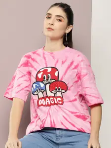 Kook N Keech Graphic With Tie & Dye Drop-Shoulder Sleeves Pure Cotton Oversized T-shirt