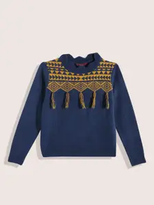 Sangria Girls Geometric Woven Design Acrylic Pullover with Tasselled Detail