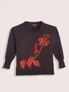 Sangria Girls Acrylic Floral Self Design Pullover