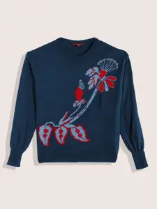 Sangria Girls Acrylic Floral Self Design Pullover