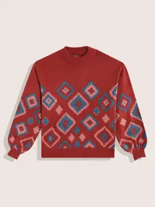 Sangria Girls Geometric Knitted Puff Sleeve Pullover