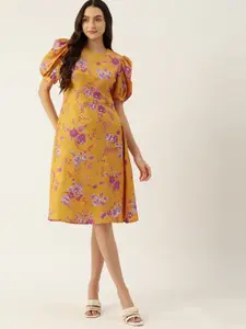 DressBerry Floral Print Puff Sleeves A-Line Dress