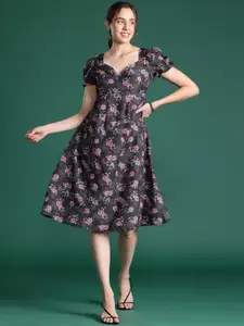 DressBerry Floral Print Puff Sleeves A-Line Dress