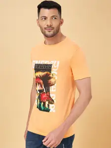 People Orange Graphic Printed Slim Fit Cotton T-shirt