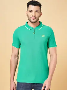People Green Polo Collar Slim Fit Cotton T-shirt