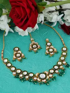 MANSIYAORANGE Gold-Plated Kundan-Studded & Beaded Necklace & Earrings With Maang Tika