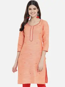 KALINI Ethnic Motifs Embroidered Round Neck Cotton Kurta