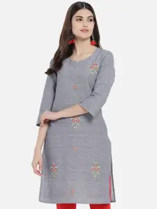 KALINI Floral Embroidered Round Neck Thread Work Pure Cotton Regular Kurta