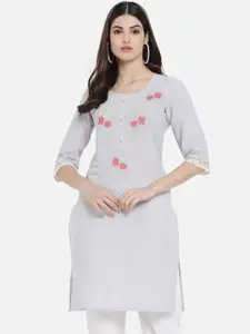 KALINI Floral Embroidered Round Neck Straight Cotton Kurta