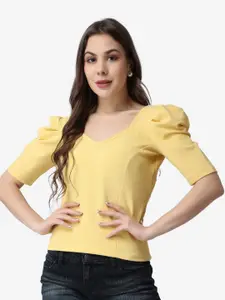Popwings Solid Puff Sleeve V-Neck Top