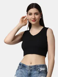Popwings Self Design Ribbed Fitted Crop Top
