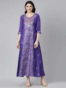 Neerus Ethnic Motifs Printed Embellished Cotton A-Line Dress