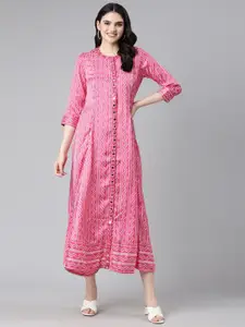 Neerus Ethnic Motifs Bandhani Printed Embellished Cotton A Line Ethnic Dress