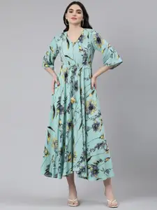 Neerus Floral Printed V-Neck Detailed Fit & Flare Midi Dress