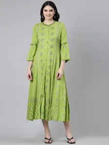 Neerus Geometric Printed Bell Sleeves A-Line Ethnic Dress