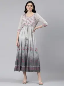 Neerus Floral Printed Embellished Cotton Fit & Flare Ethnic Dress