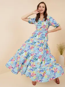 RARE Turquoise Blue Floral Printed Tiered Maxi Fit & Flare Dress