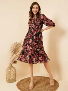 RARE Black Floral Printed Puff Sleeve Fit & Flare Dress