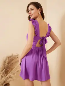 RARE Purple Gathered Flutter Sleeve square Neck Fit & Flare Dress