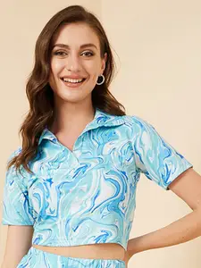 RARE Blue Abstract Printed Shirt Collar Fitted Crop Top