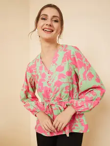 RARE Green & Pink Abstract Printed Tie-Ups V-Neck Cinched Waist Top